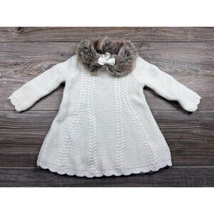 Tahari 3-6 M White Knit Sweater‎ Dress Faux Fur Collar Nordic Soft & Cozy Winter